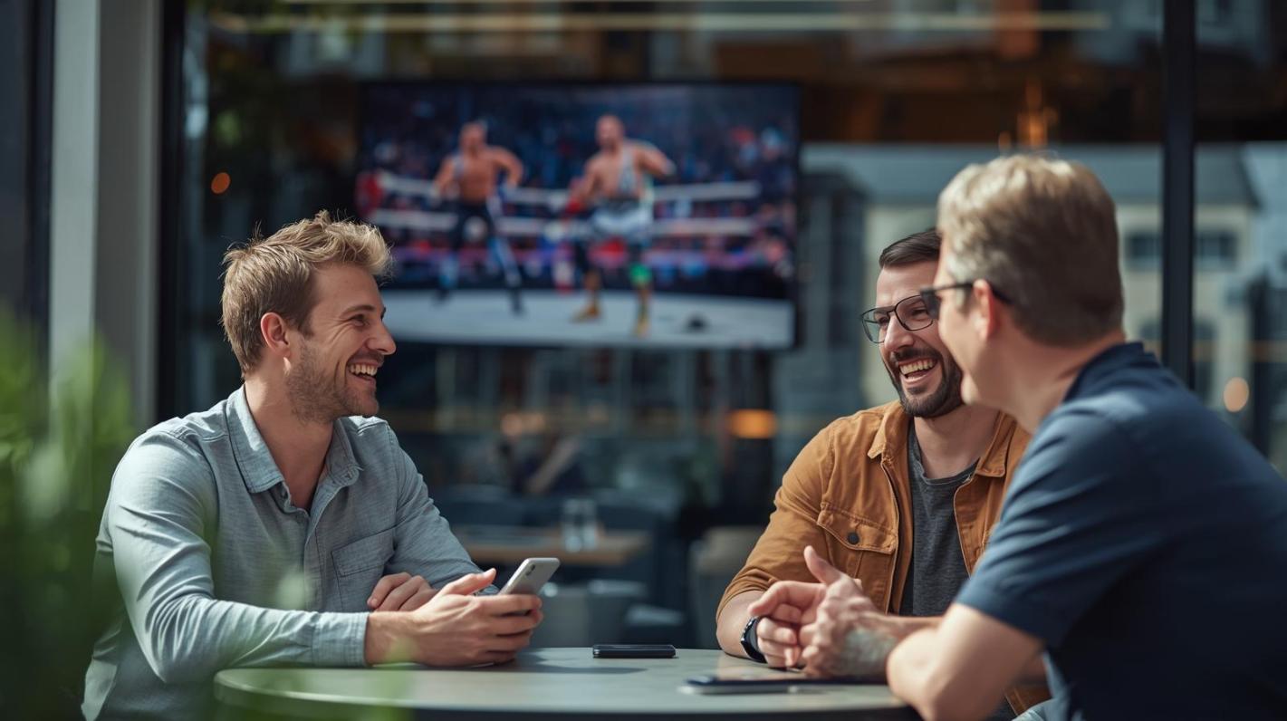 German fans chatting outdoors as a blurred wrestling match plays softly inside café.