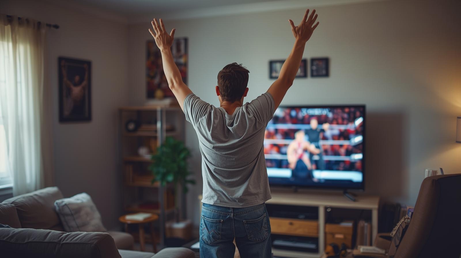 A joyful wrestling fan celebrating competition and digital gaming excitement in a modern home setting.