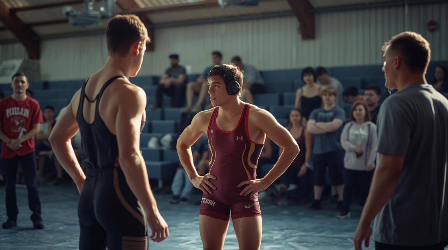 Amateur wrestlers prepare near mat as enthusiastic fan watches in bright training hall.