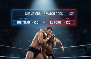 Wrestlers in a ring with spotlight lighting and betting odds graphics