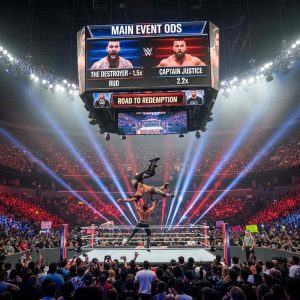 A dramatic pro wrestling match in a packed arena with cheering crowd