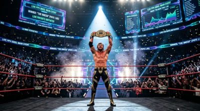 A high-stakes wrestling pay-per-view scene with a championship belt raised